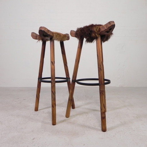 Set Of 2 Spanish Stools With Cowhide, 1960s