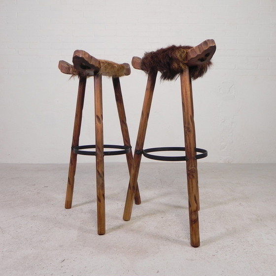 Image 1 of Set Of 2 Spanish Stools With Cowhide, 1960s