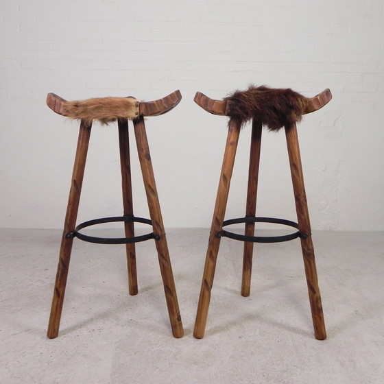 Image 1 of Set Of 2 Spanish Stools With Cowhide, 1960s