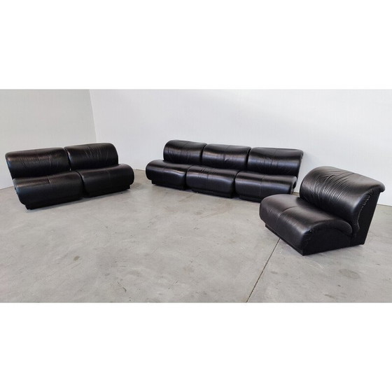 Image 1 of Mid-century black leather living room set by Doimo Salotti, Italy 1970s