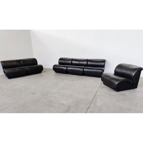 Image 1 of Mid-century black leather living room set by Doimo Salotti, Italy 1970s