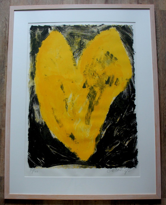 Image 1 of Jan Cremer : Lithographie encadrée : Coeurs jaunes - 1992 grande oeuvre