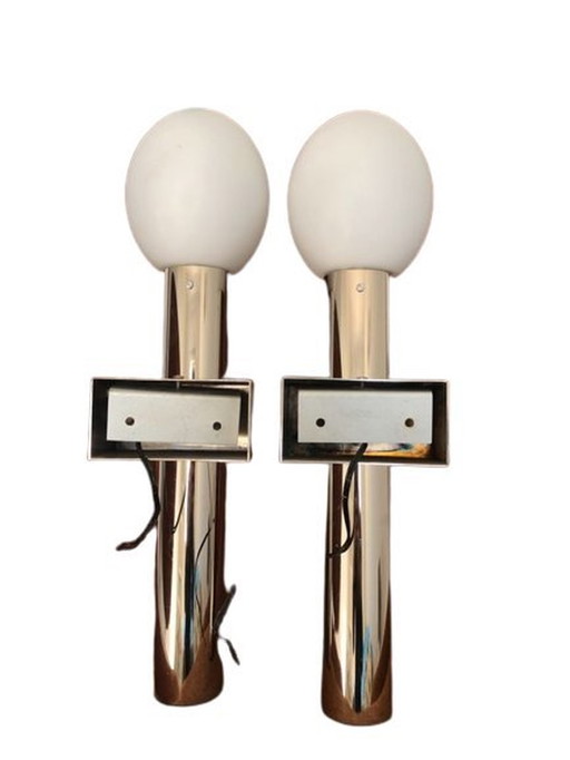 Pair Of Chrome & Opaline Wall Lamp, Gaetano Sciolari, 1970'S Italy