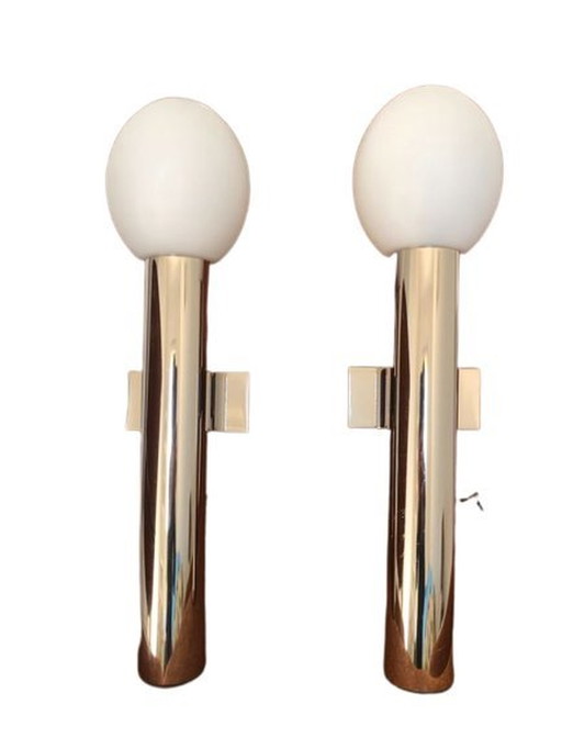 Pair Of Chrome & Opaline Wall Lamp, Gaetano Sciolari, 1970'S Italy