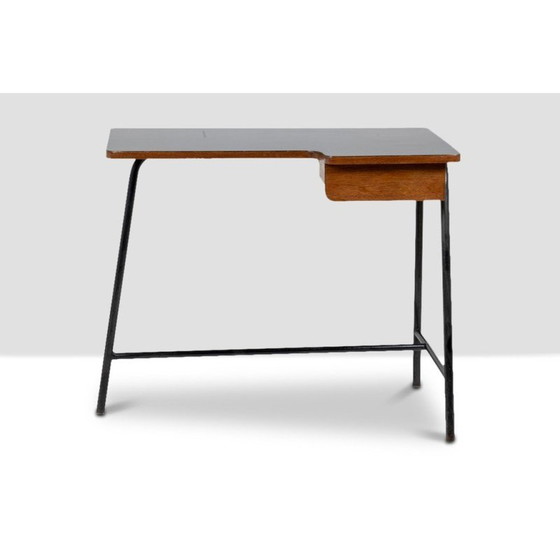 Image 1 of Vintage oak and black metal desk by Jacques Hitier for Mbo, 1951