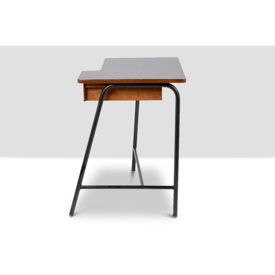 Image 1 of Vintage oak and black metal desk by Jacques Hitier for Mbo, 1951