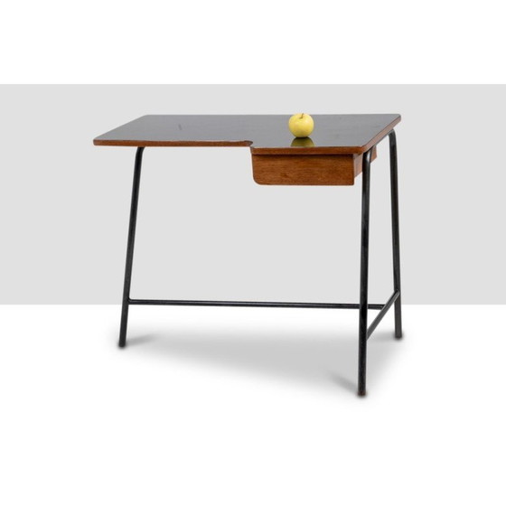 Image 1 of Vintage oak and black metal desk by Jacques Hitier for Mbo, 1951