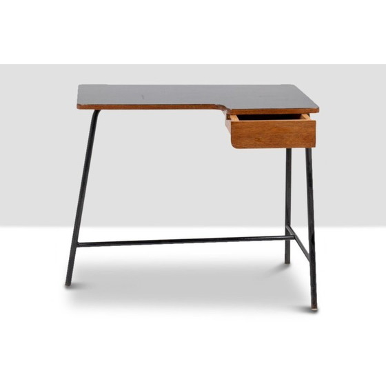Image 1 of Vintage oak and black metal desk by Jacques Hitier for Mbo, 1951