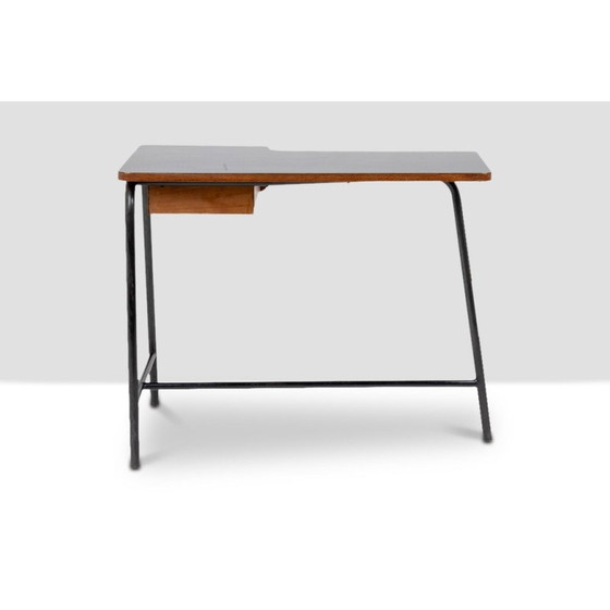 Image 1 of Vintage oak and black metal desk by Jacques Hitier for Mbo, 1951