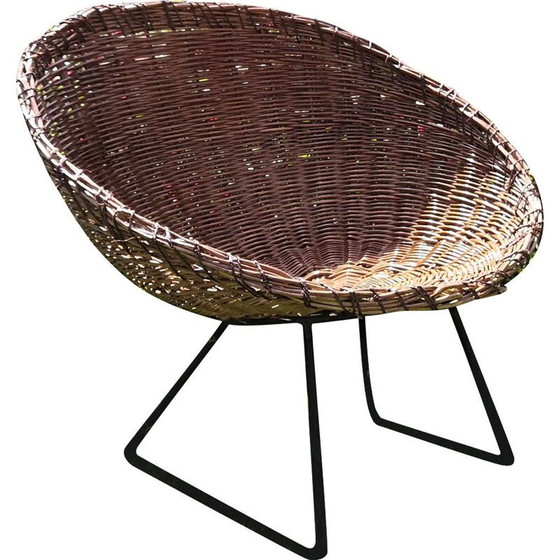 Image 1 of Vintage round armchair in rattan and metal legs, 1950s-1960s