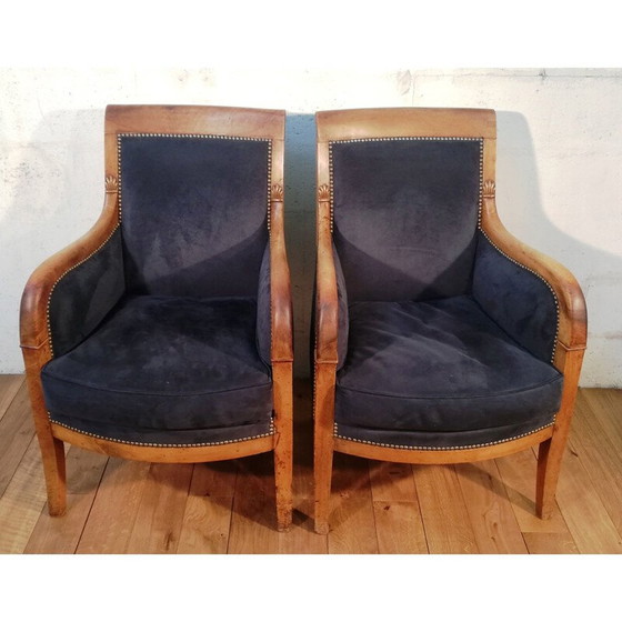 Image 1 of Poltrona vintage in velluto blu reale e mogano intagliato