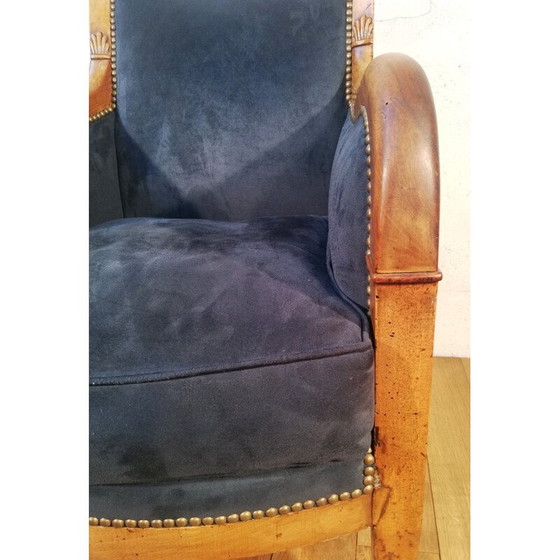 Image 1 of Poltrona vintage in velluto blu reale e mogano intagliato