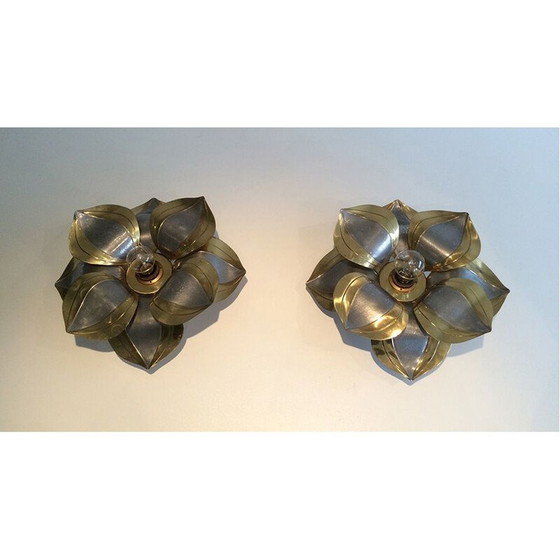 Image 1 of Pair of vintage french sconces in metal and brass 1970