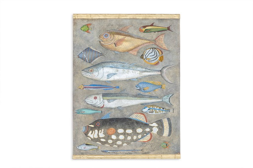 Lienzo pintado que representa una tabla de pescado. Obra contemporánea.