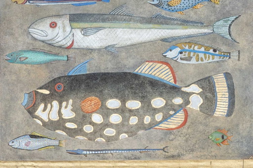 Lienzo pintado que representa una tabla de pescado. Obra contemporánea.