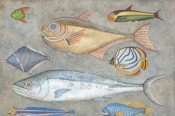 Image 1 of Lienzo pintado que representa una tabla de pescado. Obra contemporánea.