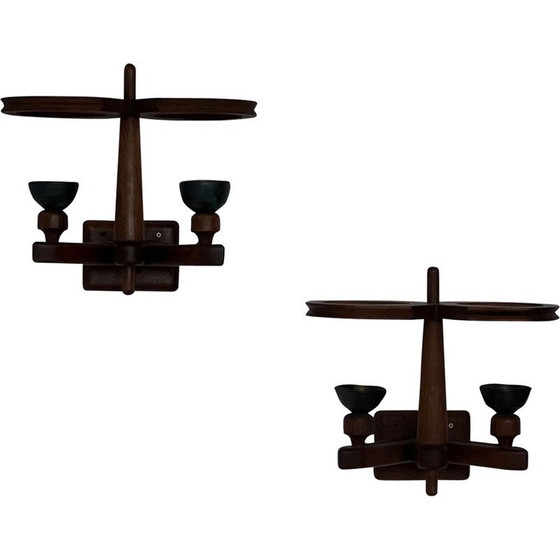 Image 1 of Pair of vintage sconces in oak and ceramics by Guillerme and Chambron, France 1960