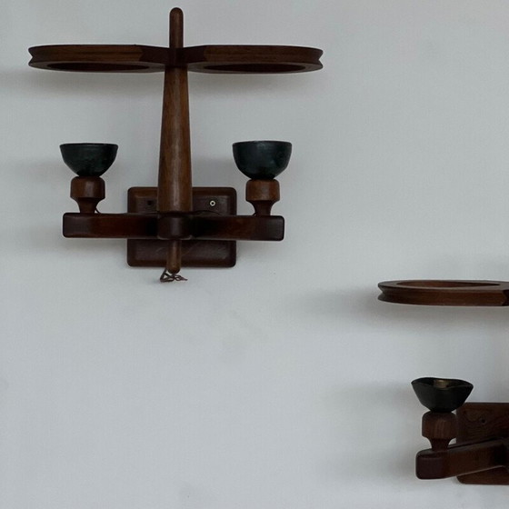 Image 1 of Pair of vintage sconces in oak and ceramics by Guillerme and Chambron, France 1960