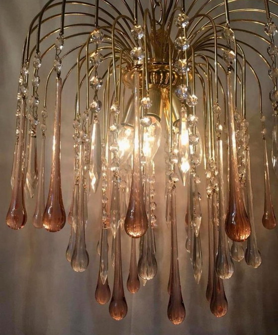 Image 1 of Lampadario vintage con lampada a sospensione, ghiaccioli rosa a forma di goccia 