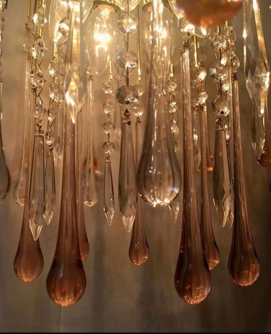 Image 1 of Lampadario vintage con lampada a sospensione, ghiaccioli rosa a forma di goccia 