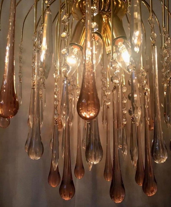 Image 1 of Lustre vintage lampe pendante rose pendentifs teardrops