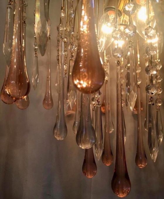 Image 1 of Lampadario vintage con lampada a sospensione, ghiaccioli rosa a forma di goccia 