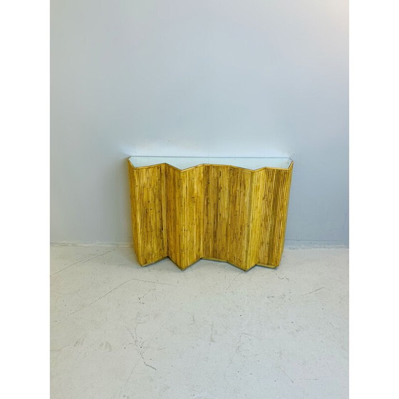 Image 1 of Vintage Glass and Rattan Console 