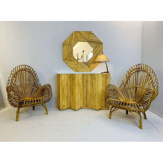 Image 1 of Vintage Glass and Rattan Console 