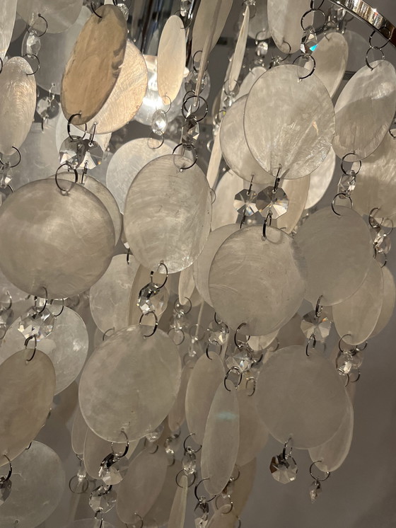 Image 1 of Lampe pendante vintage capiz shell perle opaline chandelier cristal
