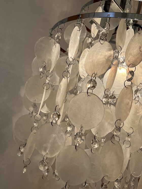 Image 1 of Lampe pendante vintage capiz shell perle opaline chandelier cristal