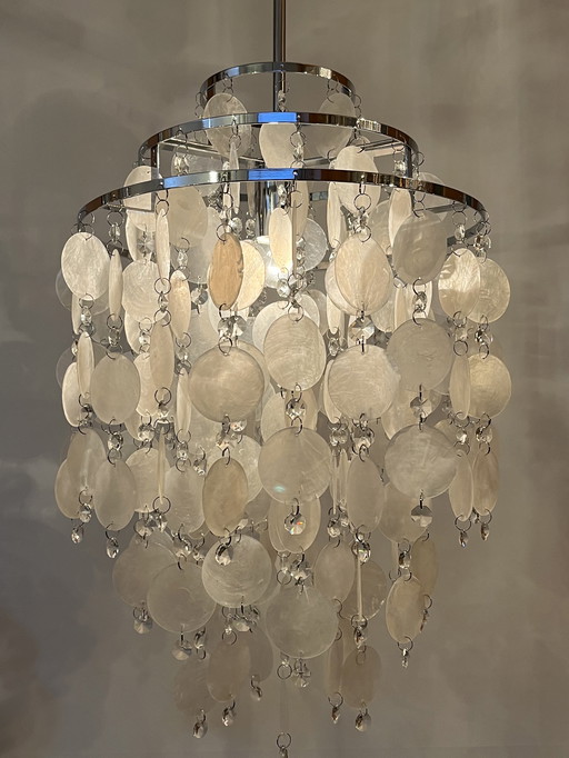 Lampada a sospensione vintage in conchiglia Capiz, lampadario in madreperla opalino e cristallo 