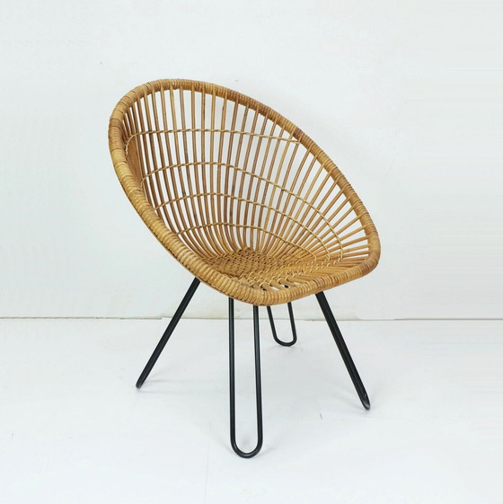 Image 1 of no. 1 of 3 - 1960s mid century armchair bamboo wicker with hairpin legs