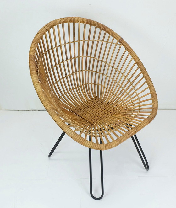 Image 1 of no. 1 of 3 - 1960s mid century armchair bamboo wicker with hairpin legs