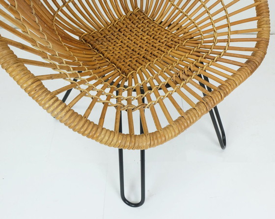 Image 1 of no. 1 of 3 - 1960s mid century armchair bamboo wicker with hairpin legs