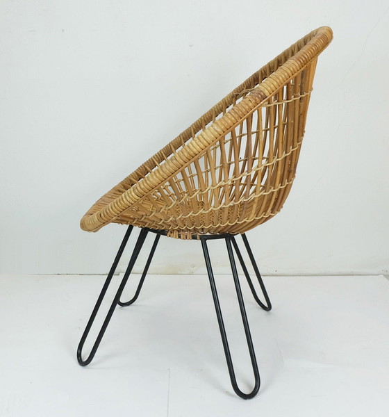 Image 1 of no. 1 of 3 - 1960s mid century armchair bamboo wicker with hairpin legs