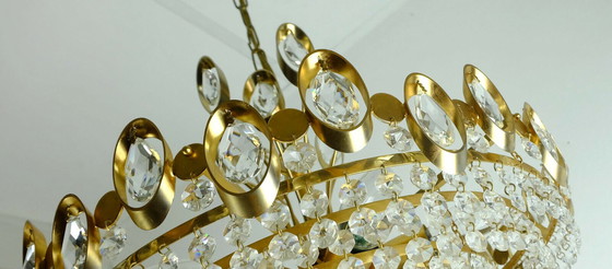 Image 1 of elegant mid century pendant chandelier palwa crystal glass and gilt brass