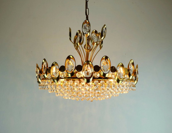 Image 1 of elegant mid century pendant chandelier palwa crystal glass and gilt brass