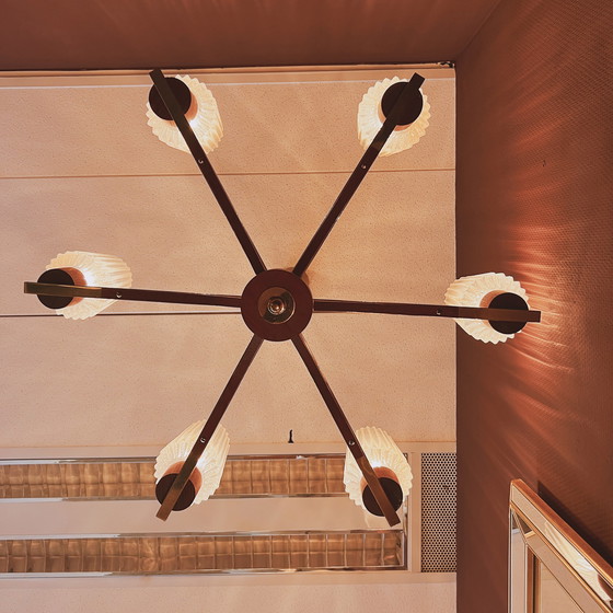 Image 1 of Teak and brass chandelier with glass shades