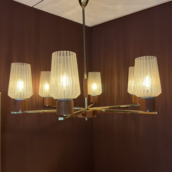 Image 1 of Teak and brass chandelier with glass shades