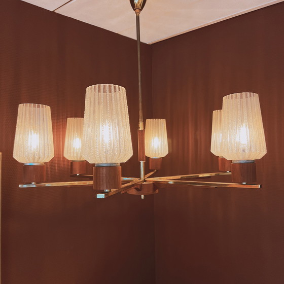 Image 1 of Teak and brass chandelier with glass shades