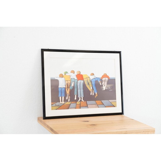 Vintage colored etching on paper and wood, Italy 2000