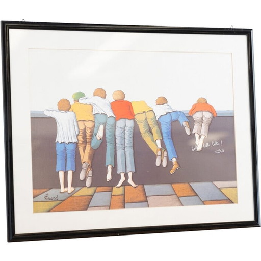 Vintage colored etching on paper and wood, Italy 2000