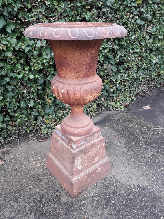 Image 1 of Cast iron Louvre vase on pedestal114 cm high