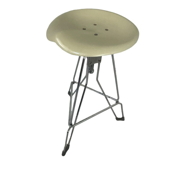 Image 1 of Yasu Sasamoto- Dulton - Industrial Vintage Bar Stool With Tractor Seating, Model Clipper Ii - Off White Seat