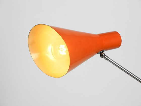 Image 1 of Very Elegant Italian Mid Century Modern Brass Joint Clamp Lamp With Red Cone Shade 