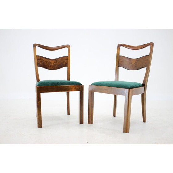 Image 1 of Set of 4 Art Deco vintage wooden and green velvet dining chairs, Czechoslovakia 1930s