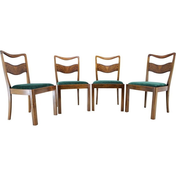 Image 1 of Set of 4 Art Deco vintage wooden and green velvet dining chairs, Czechoslovakia 1930s