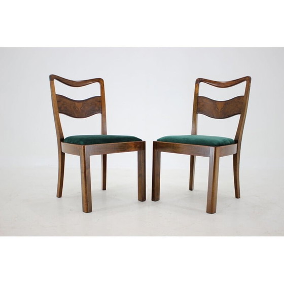 Image 1 of Set of 4 Art Deco vintage wooden and green velvet dining chairs, Czechoslovakia 1930s