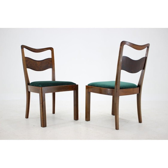 Image 1 of Set of 4 Art Deco vintage wooden and green velvet dining chairs, Czechoslovakia 1930s