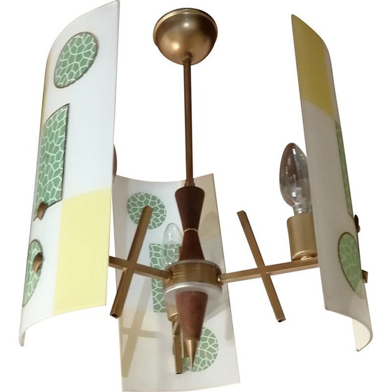 Image 1 of Vintage Art Deco chandelier with gold and glass plates, Germany 1950